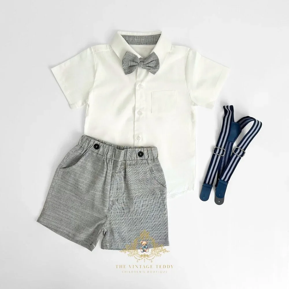 NWT Handsome Boys Oxford Button Down Shirt Shorts & Bow Tie Matching Set 2T